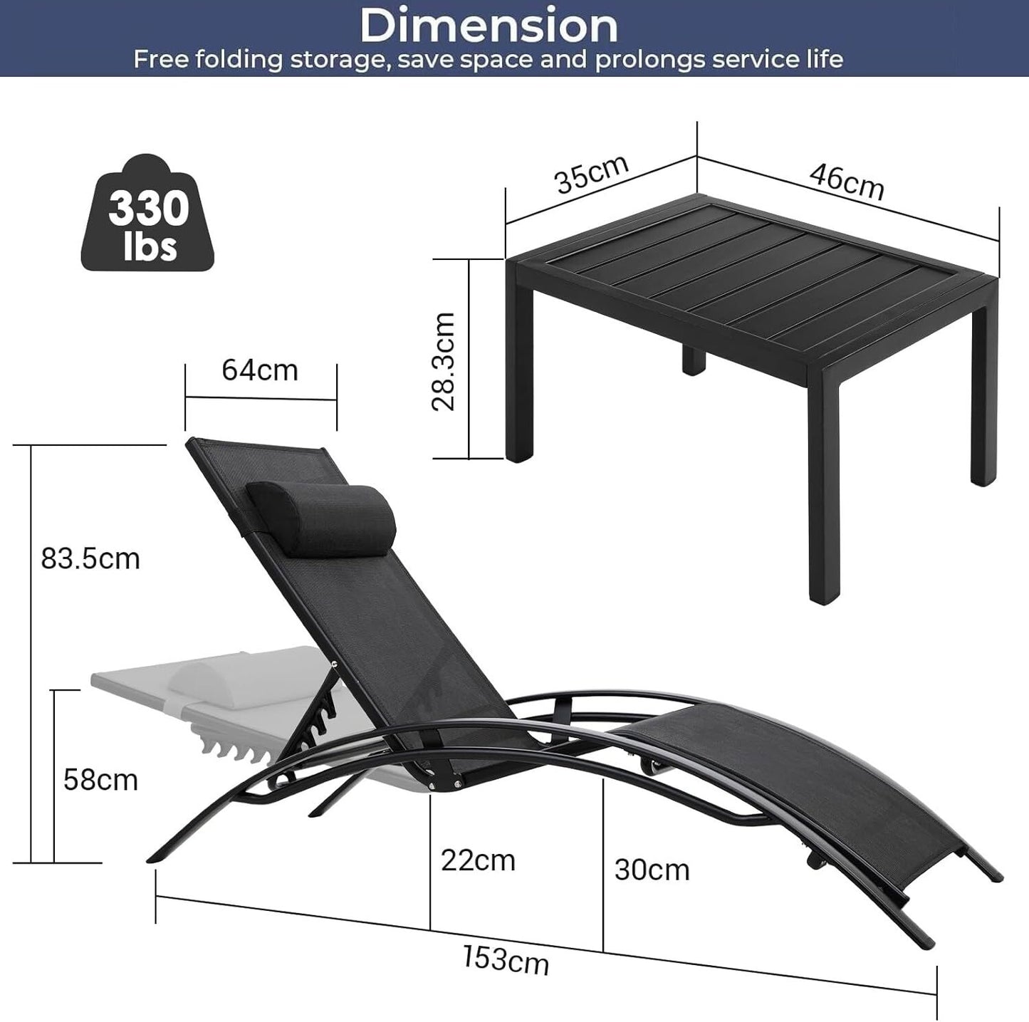 Aluminum Lounge Chair for Outside with 5 Adjustable Positions+Table 3Pcs Chaise Outdoor for Pool, Garden,Beach,Camping,Backyard