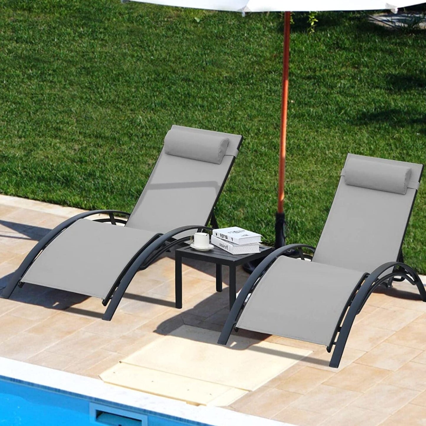 Aluminum Lounge Chair for Outside with 5 Adjustable Positions+Table 3Pcs Chaise Outdoor for Pool, Garden,Beach,Camping,Backyard