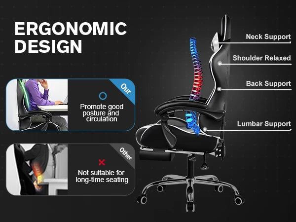 GTPLAYER Gaming Chair with Footrest, Lumbar Support, Adjustable Height, Swivel Seat, Headrest for Office or Gaming