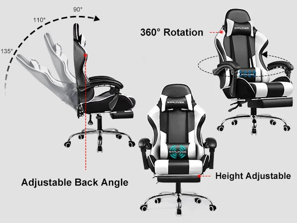 GTPLAYER Gaming Chair with Footrest, Lumbar Support, Adjustable Height, Swivel Seat, Headrest for Office or Gaming