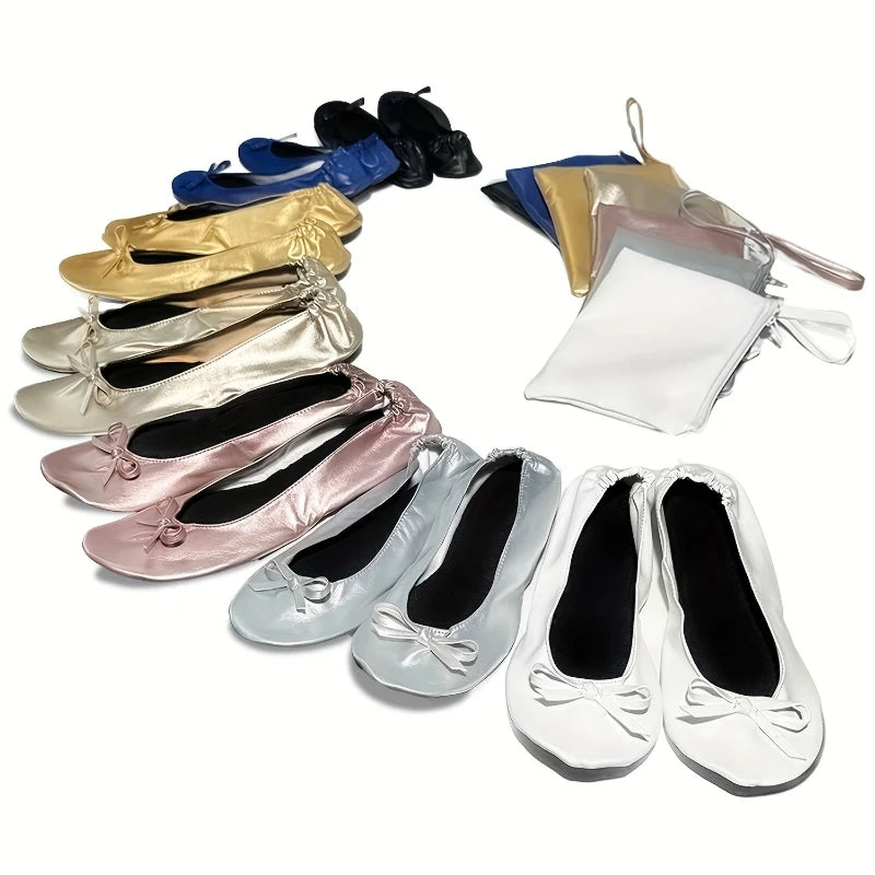 Women's Foldable Portable Ballet Flats Soft Sole Roll Up Slippers Slip OnComfy ancing Flat Shoes for Travel Wedding with Bag