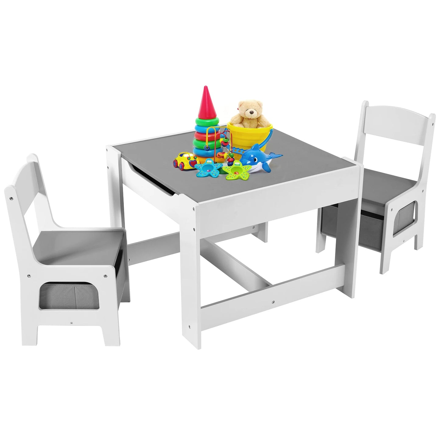 Kids Table and 2 Chairs Set W/ Storage Drawer Wooden Activity Table For Toddlers Detachable for Children Drawing Reading
