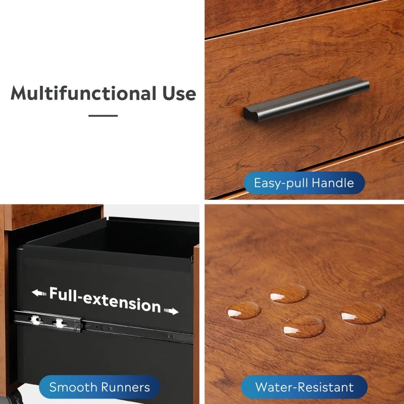 GALAXHERO 3 Drawer Wood File Cabinet Rolling Under Desk Filing Cabinet for Home Office Printer Stand with Wheels