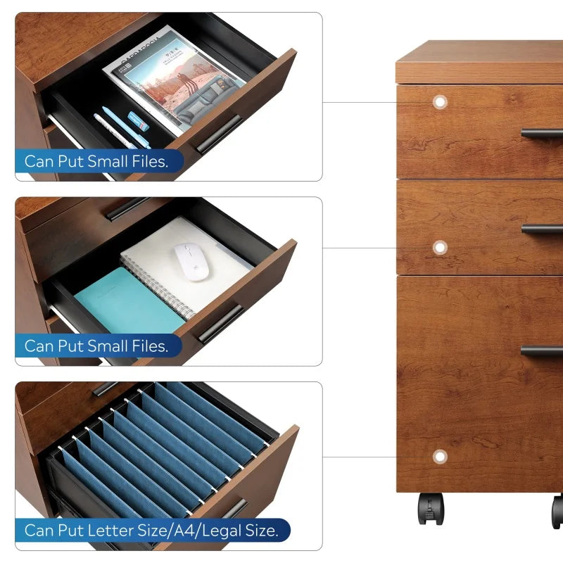 GALAXHERO 3 Drawer Wood File Cabinet Rolling Under Desk Filing Cabinet for Home Office Printer Stand with Wheels