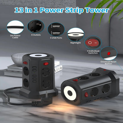 8-Outlet Power Strip Tower With 5 USB Ports, Independent Control Switch, 3m Cord