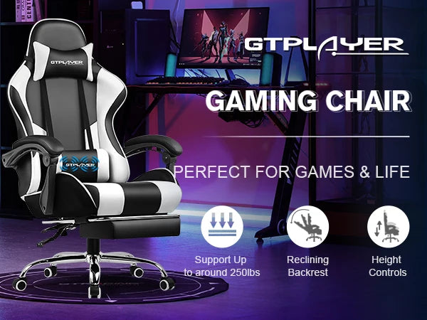 GTPLAYER Gaming Chair with Footrest, Lumbar Support, Adjustable Height, Swivel Seat, Headrest for Office or Gaming