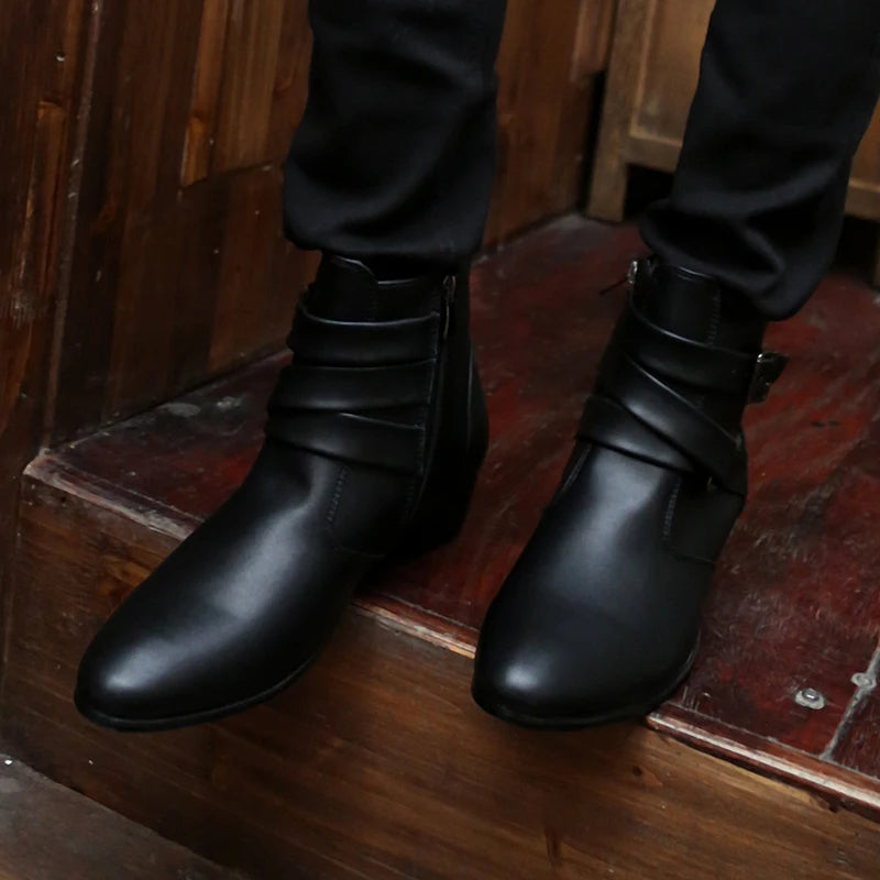 VUSUVON Fashion Men Spring Autumn Pointed Toe Height Increase Chelsea Ankle Boots Western High Top Casual Shoe PU Leather