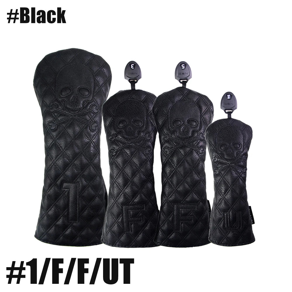 GLOOF Golf Skull Skeleton Head Cover Golf Club Black Leather cover set Fits Driver Fairway Wood Hybrid Golf supplies