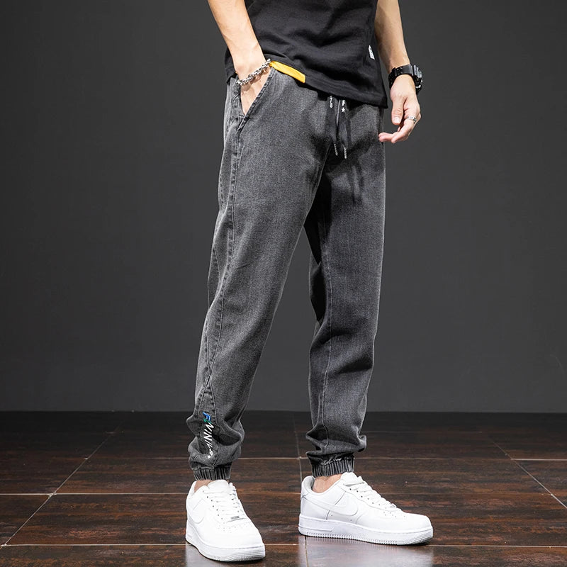 Mens Denim Cargo Jogger Pants, Baggy Harem Style, Drawstring Waist Plus Size