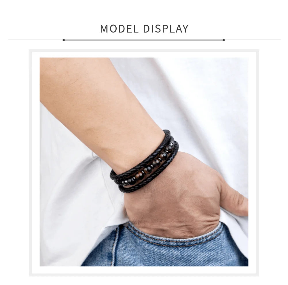 2021 Trendy Multilayer Leather Bracelets Men Jewelry 9 Style Round Stone 8mm Beaded Bracelets For Male Women Valentine Day Gifts