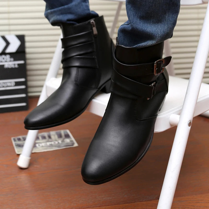 VUSUVON Fashion Men Spring Autumn Pointed Toe Height Increase Chelsea Ankle Boots Western High Top Casual Shoe PU Leather