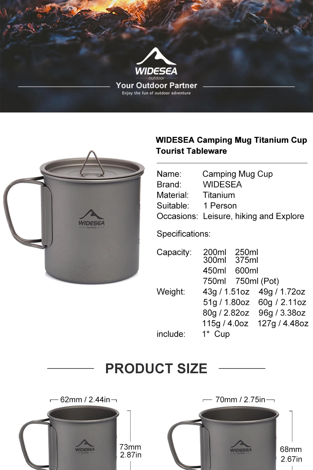 Titanium Camping Mug 0.6L Outdoor Cup For Hiking Cookware