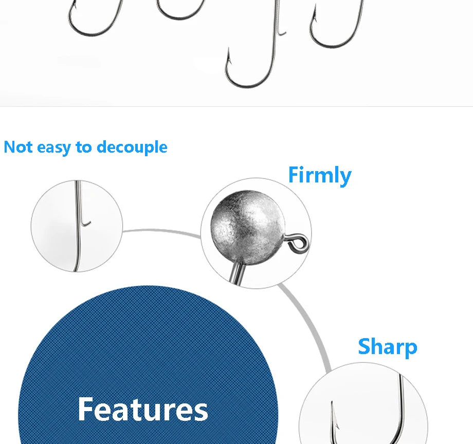 10pcs/lot big head jigs hook 1g-20g All size Round Ball Jig Head Hook Weedless Long Shank Jig Head For Soft Worm Fishing