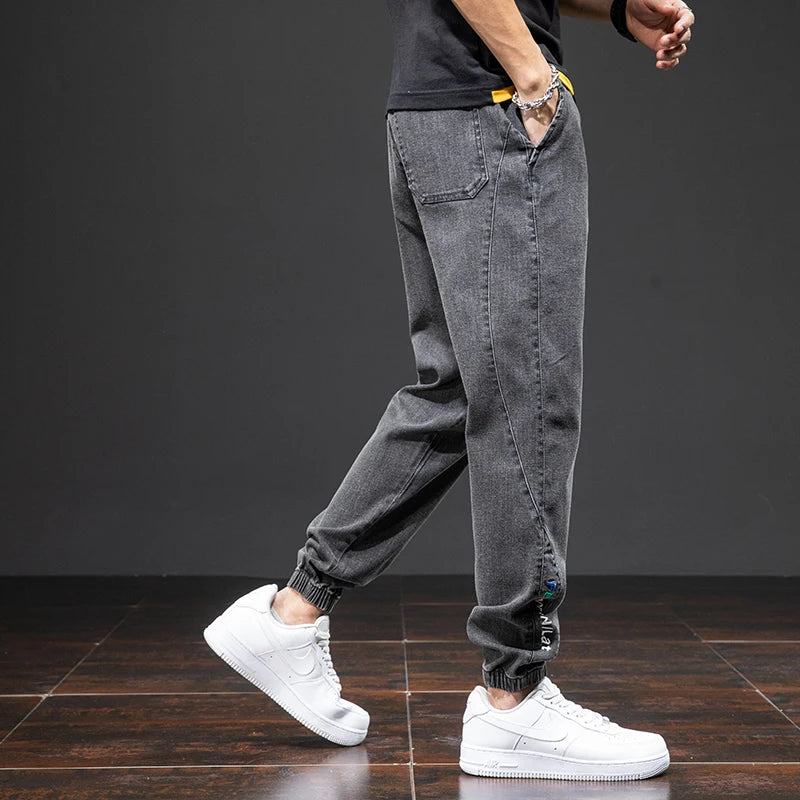 Mens Denim Cargo Jogger Pants, Baggy Harem Style, Drawstring Waist Plus Size