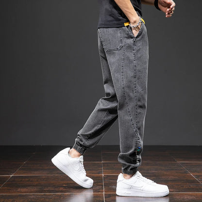 Mens Denim Cargo Jogger Pants, Baggy Harem Style, Drawstring Waist Plus Size