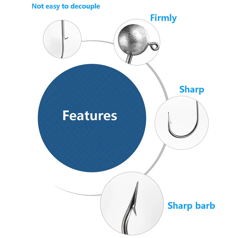 10pcs/lot big head jigs hook 1g-20g All size Round Ball Jig Head Hook Weedless Long Shank Jig Head For Soft Worm Fishing