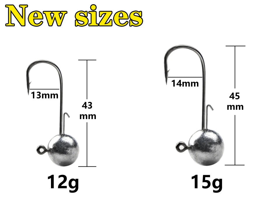 10pcs/lot big head jigs hook 1g-20g All size Round Ball Jig Head Hook Weedless Long Shank Jig Head For Soft Worm Fishing