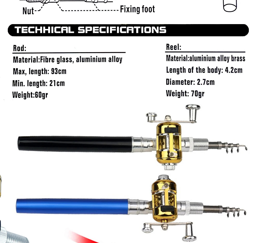 Fishing Rod Reel Combo Set Mini Telescopic Pocket Pen Fishing Rod Pole + Reel