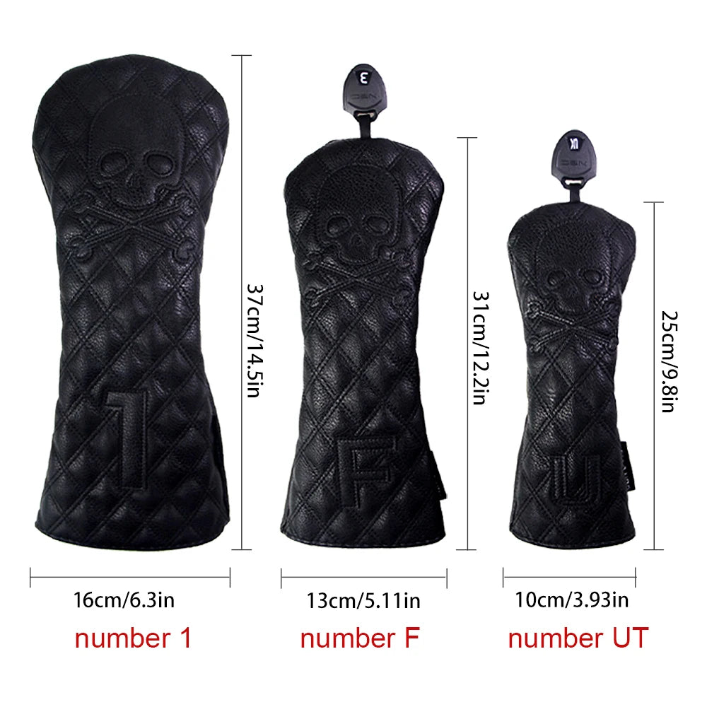 GLOOF Golf Skull Skeleton Head Cover Golf Club Black Leather cover set Fits Driver Fairway Wood Hybrid Golf supplies