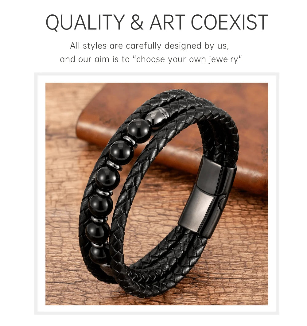 2021 Trendy Multilayer Leather Bracelets Men Jewelry 9 Style Round Stone 8mm Beaded Bracelets For Male Women Valentine Day Gifts