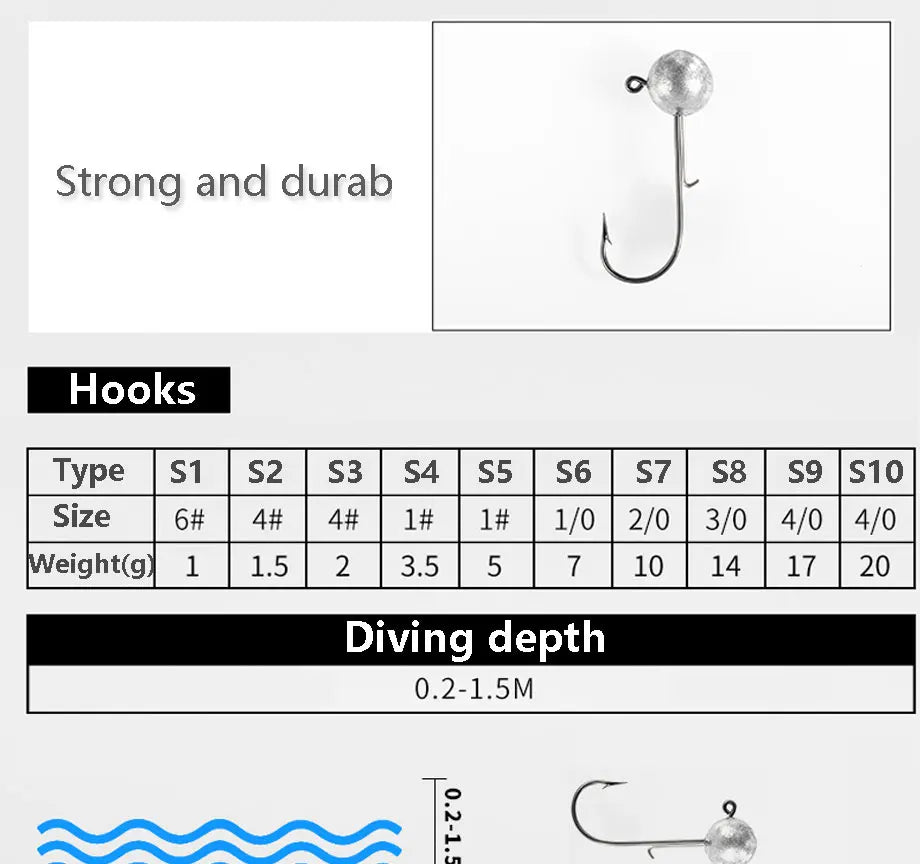 10pcs/lot big head jigs hook 1g-20g All size Round Ball Jig Head Hook Weedless Long Shank Jig Head For Soft Worm Fishing