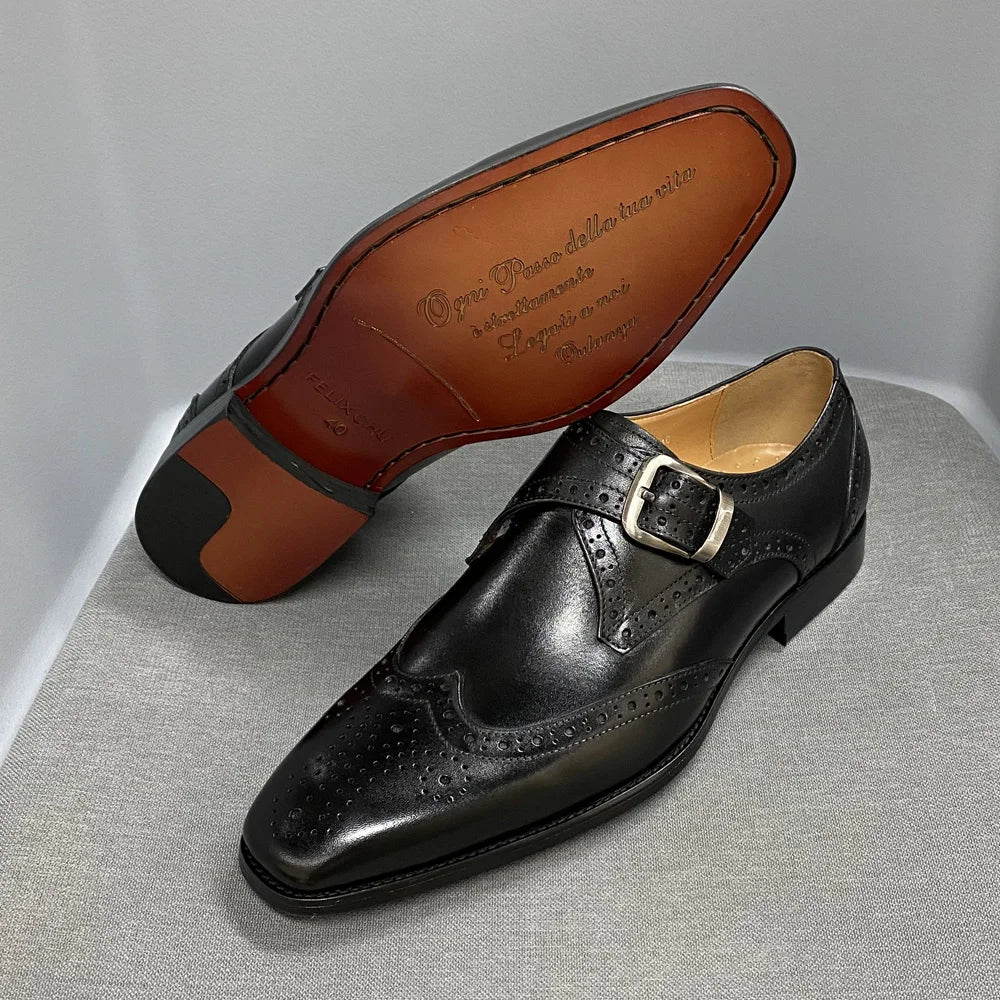 Genuine Leather Wingtip Oxfords With Monk Strap Buckle Brown And Black