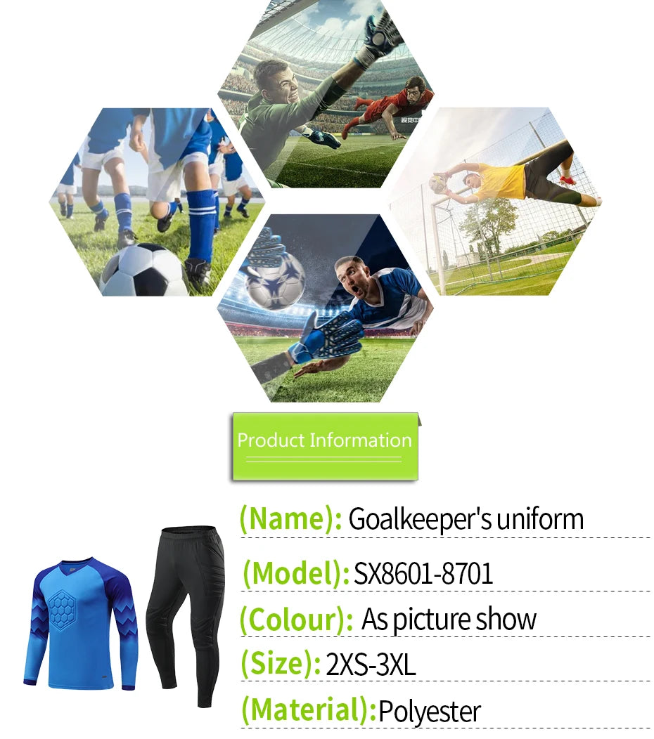 2021 New Uniform Men's Football Training Goalkeeper Uniform Kids Soccer Jersey Set Long Sleeve Protective Sponge Shirt Pants