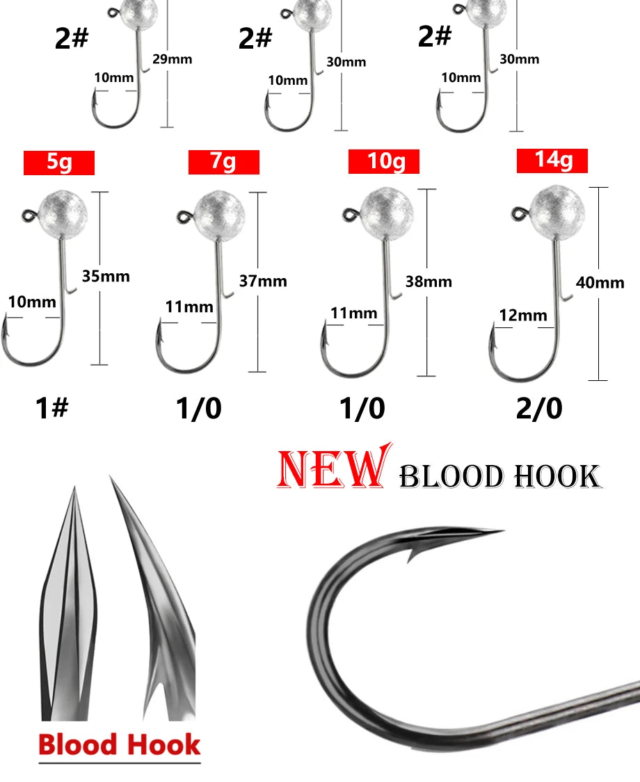 10pcs/lot big head jigs hook 1g-20g All size Round Ball Jig Head Hook Weedless Long Shank Jig Head For Soft Worm Fishing