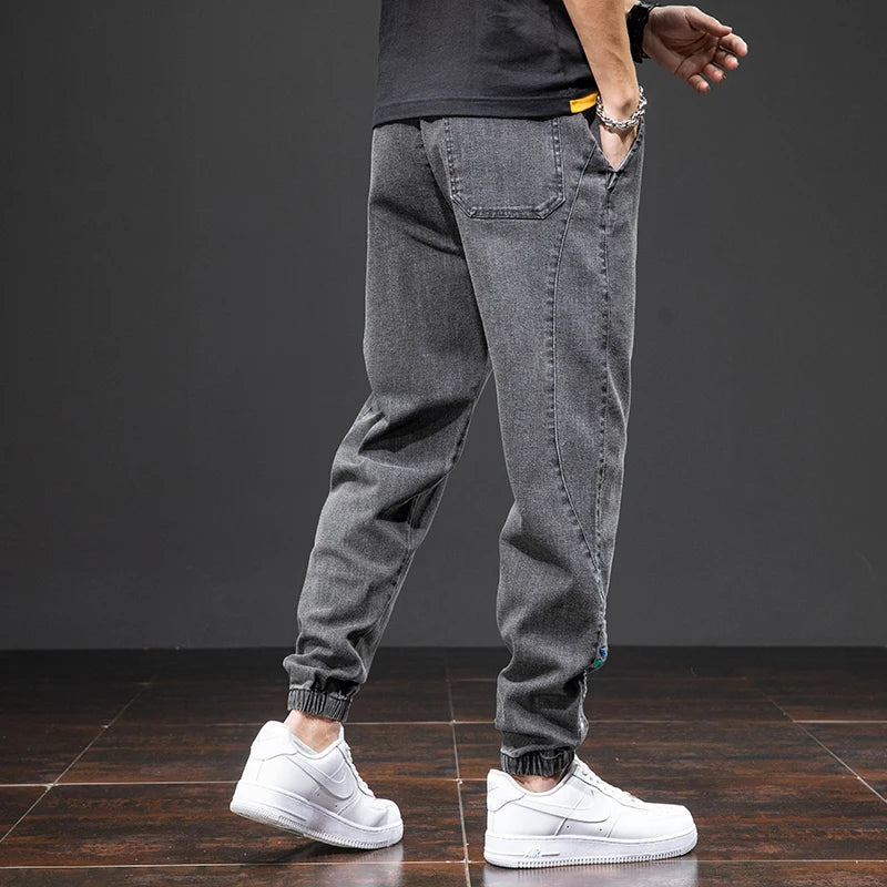 Mens Denim Cargo Jogger Pants, Baggy Harem Style, Drawstring Waist Plus Size