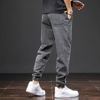 Mens Denim Cargo Jogger Pants, Baggy Harem Style, Drawstring Waist Plus Size