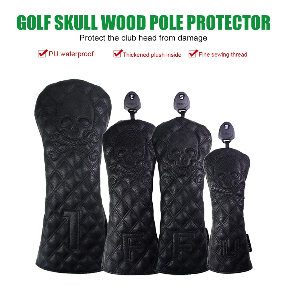 GLOOF Golf Skull Skeleton Head Cover Golf Club Black Leather cover set Fits Driver Fairway Wood Hybrid Golf supplies