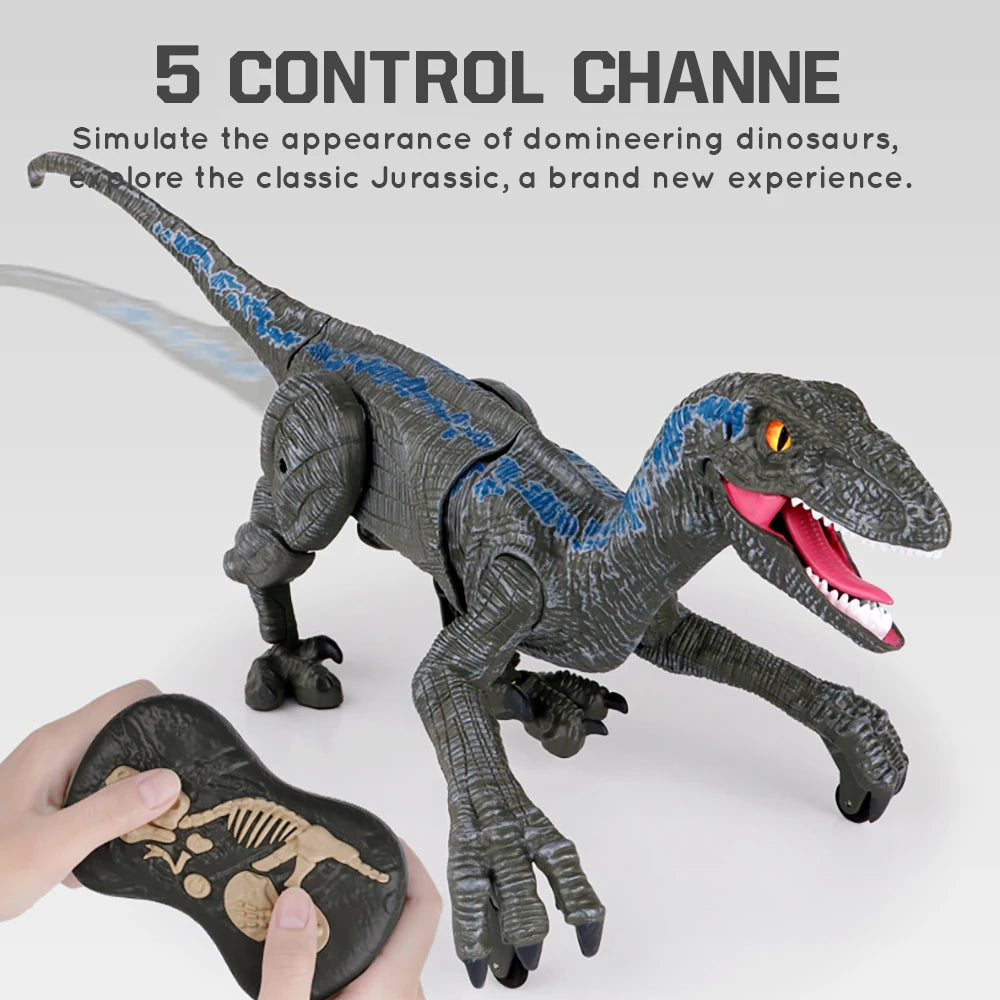 Smart RC Dinosaur 2.4G Remote Control Walking Velociraptor 5 Channel with Sound Effects LED Eyes Intelligent Toy Gift for Kids