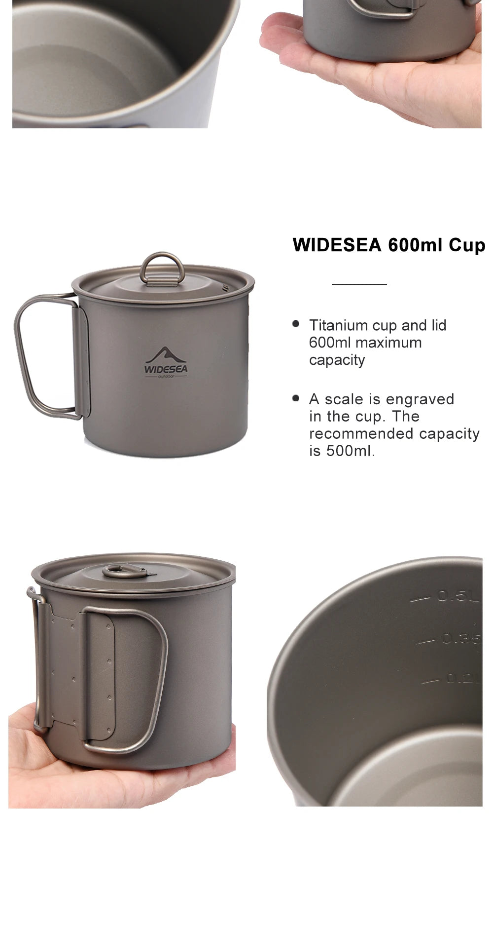 Titanium Camping Mug 0.6L Outdoor Cup For Hiking Cookware