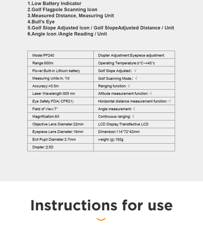 Golf Laser Rangefinder Telescope 600m 6x Monocular