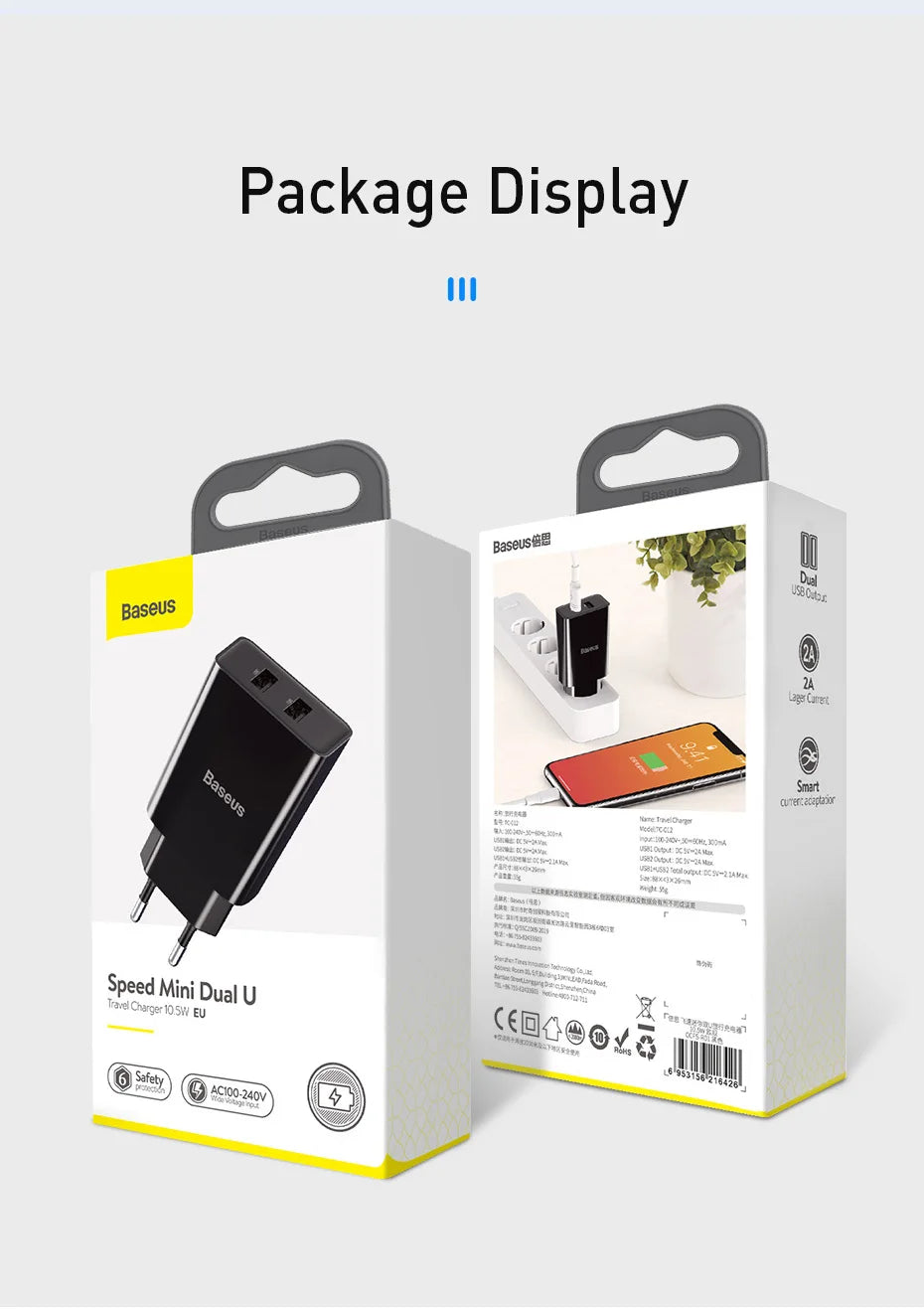 Baseus Dual USB Charger EU Plug Charger 2.1A Wall Charger Max Mobile Phone Charging Mini Adapter Travel Charger For iPhone