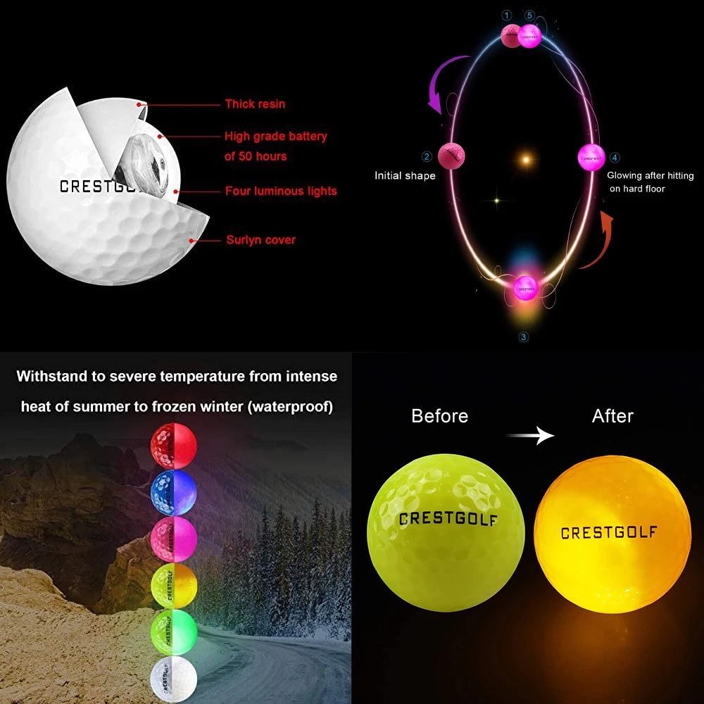 Crestgolf LED Golf Balls for Night Glow in The Dark Golf Ball with 4 Light Super Bright Six Colors Best Golf Gift for Golfers