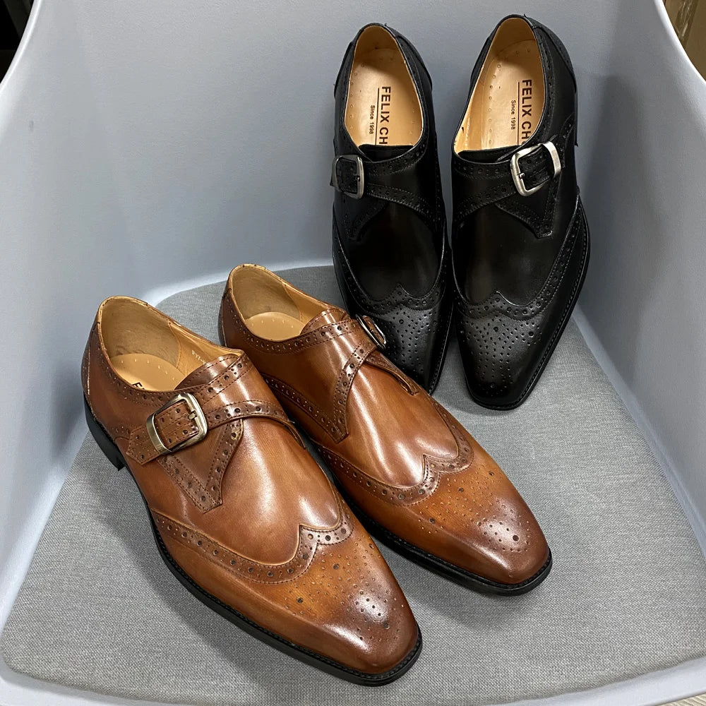 Genuine Leather Wingtip Oxfords With Monk Strap Buckle Brown And Black