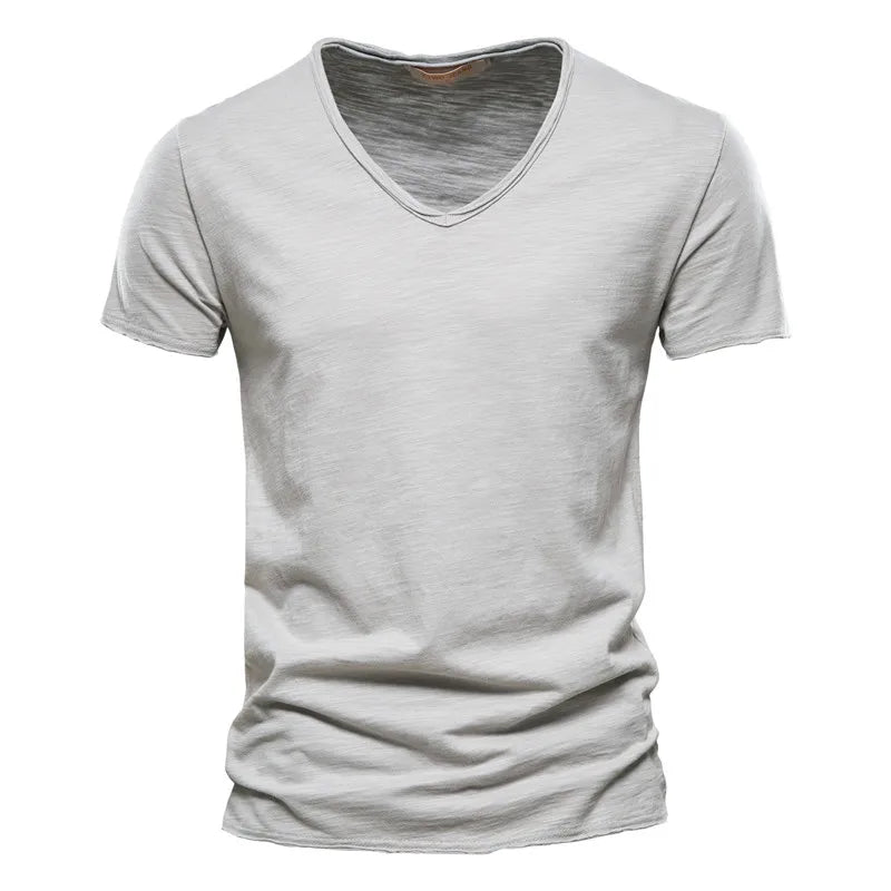 AIOPESON100% Cotton Men T-shirt V-neck Fashion Design Slim Fit Soild T-shirts Male Tops Tees Short Sleeve T Shirt O-neck For Men