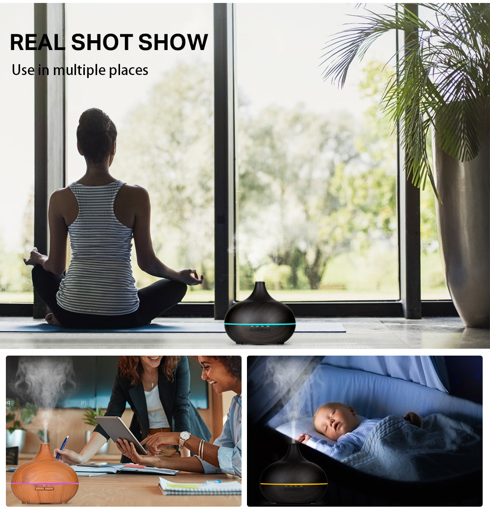 Aromatherapy Essential Oil Diffuser Wood Grain Remote Control Ultrasonic Air Humidifier Cool with 7 Color LED Light