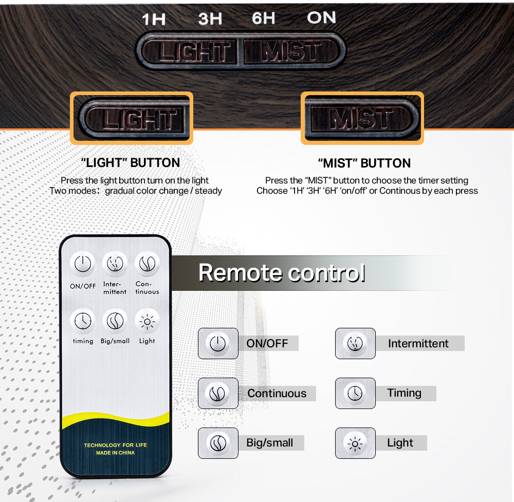 Aromatherapy Essential Oil Diffuser Wood Grain Remote Control Ultrasonic Air Humidifier Cool with 7 Color LED Light