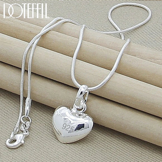 DOTEFFIL Silver Color Solid Small Heart Pendant Necklace 16-30 Inch Snake Chain For Women Wedding Charm Fashion Jewelry