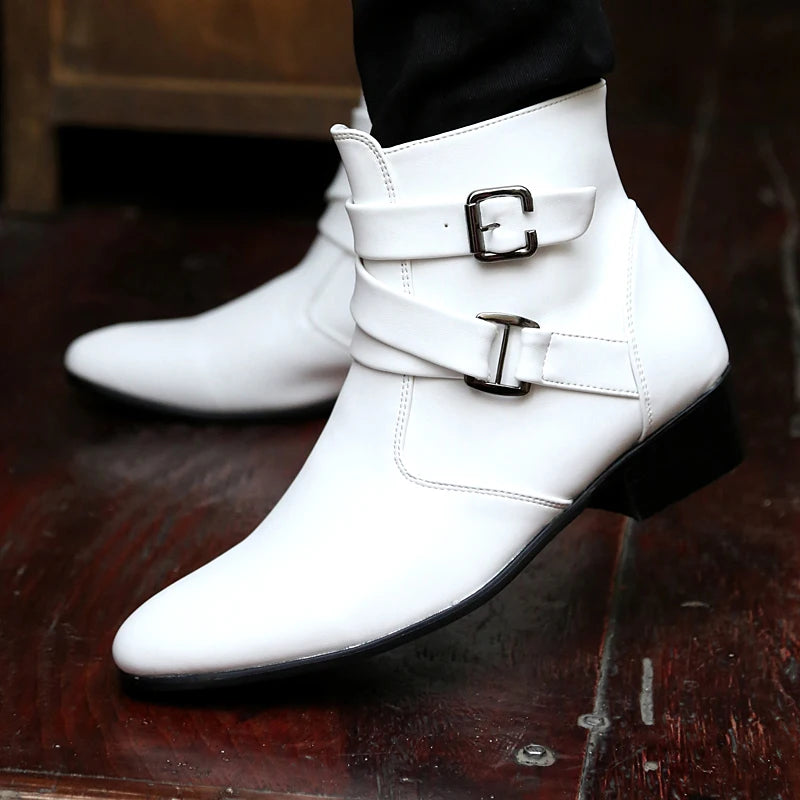 VUSUVON Fashion Men Spring Autumn Pointed Toe Height Increase Chelsea Ankle Boots Western High Top Casual Shoe PU Leather
