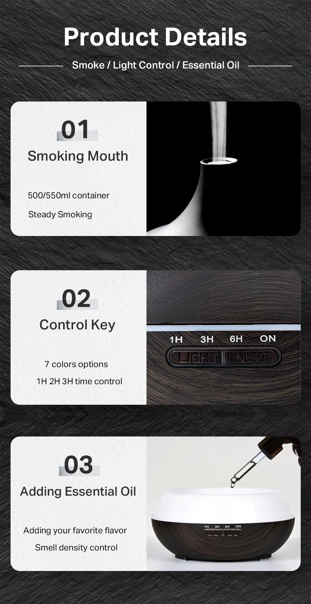 Aromatherapy Essential Oil Diffuser Wood Grain Remote Control Ultrasonic Air Humidifier Cool with 7 Color LED Light