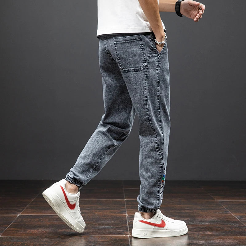 Mens Denim Cargo Jogger Pants, Baggy Harem Style, Drawstring Waist Plus Size