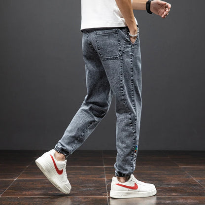 Mens Denim Cargo Jogger Pants, Baggy Harem Style, Drawstring Waist Plus Size