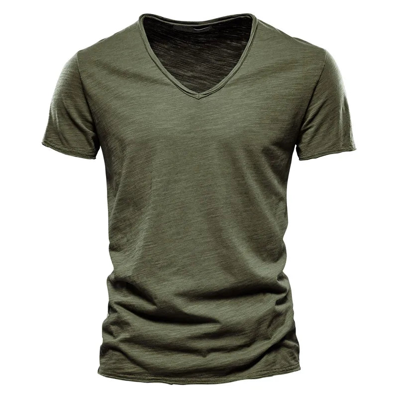 AIOPESON100% Cotton Men T-shirt V-neck Fashion Design Slim Fit Soild T-shirts Male Tops Tees Short Sleeve T Shirt O-neck For Men