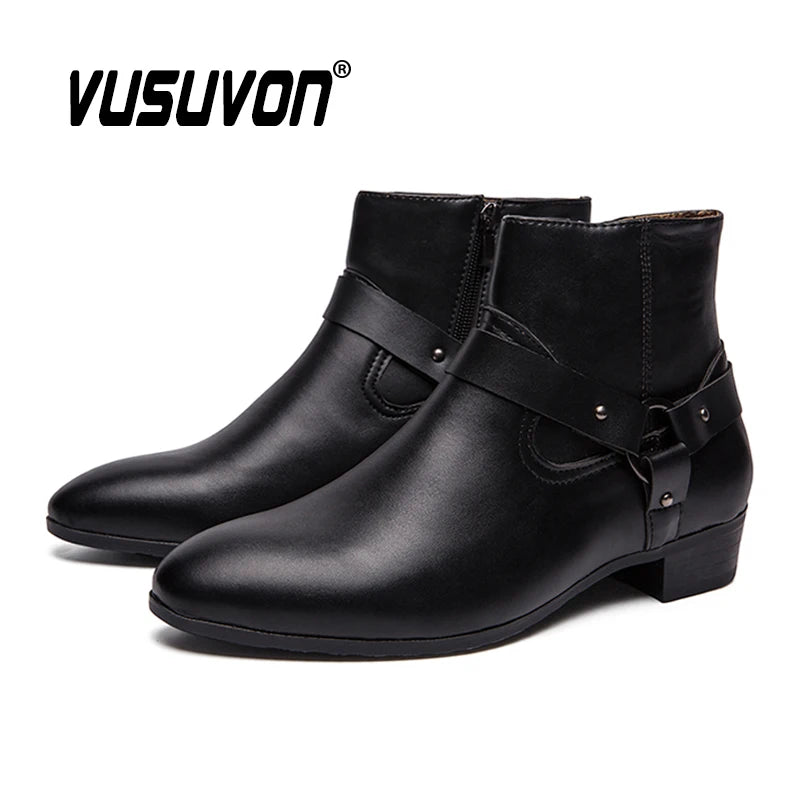 VUSUVON Fashion Men Spring Autumn Pointed Toe Height Increase Chelsea Ankle Boots Western High Top Casual Shoe PU Leather