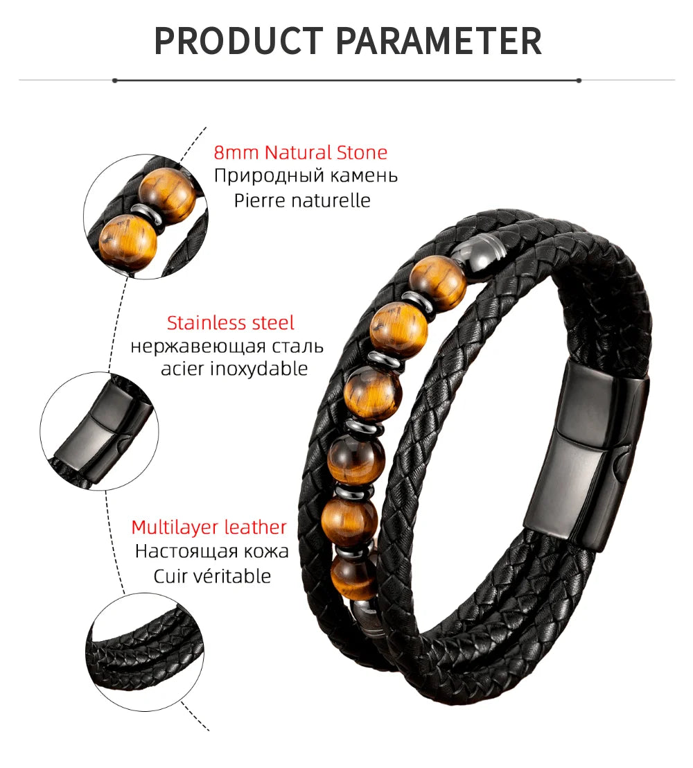 2021 Trendy Multilayer Leather Bracelets Men Jewelry 9 Style Round Stone 8mm Beaded Bracelets For Male Women Valentine Day Gifts