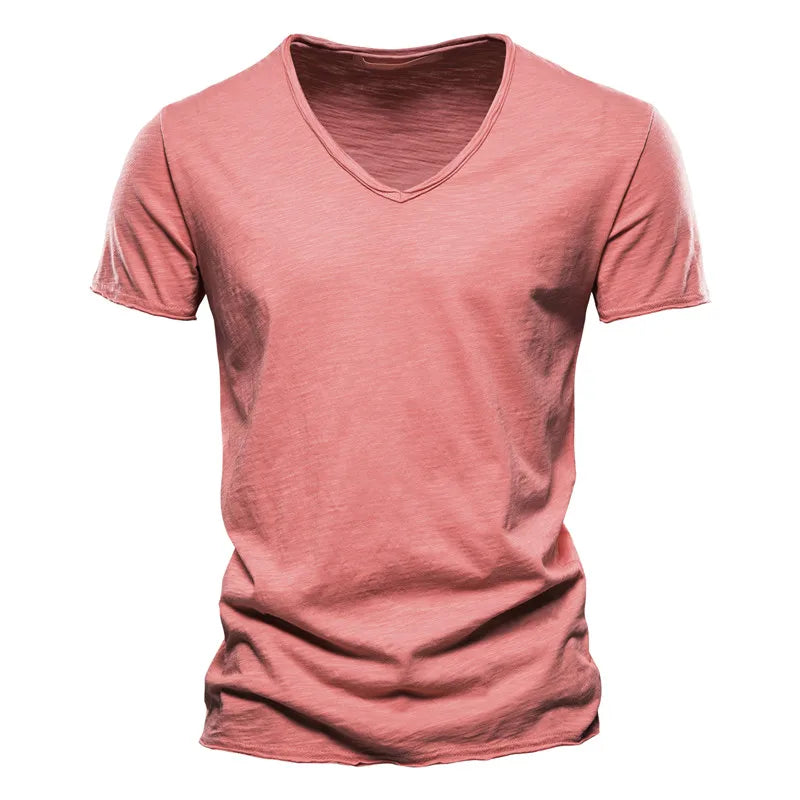 AIOPESON100% Cotton Men T-shirt V-neck Fashion Design Slim Fit Soild T-shirts Male Tops Tees Short Sleeve T Shirt O-neck For Men