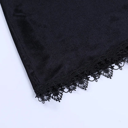 Black Mini Dress Spaghetti Strap High Waist Slit Polyester